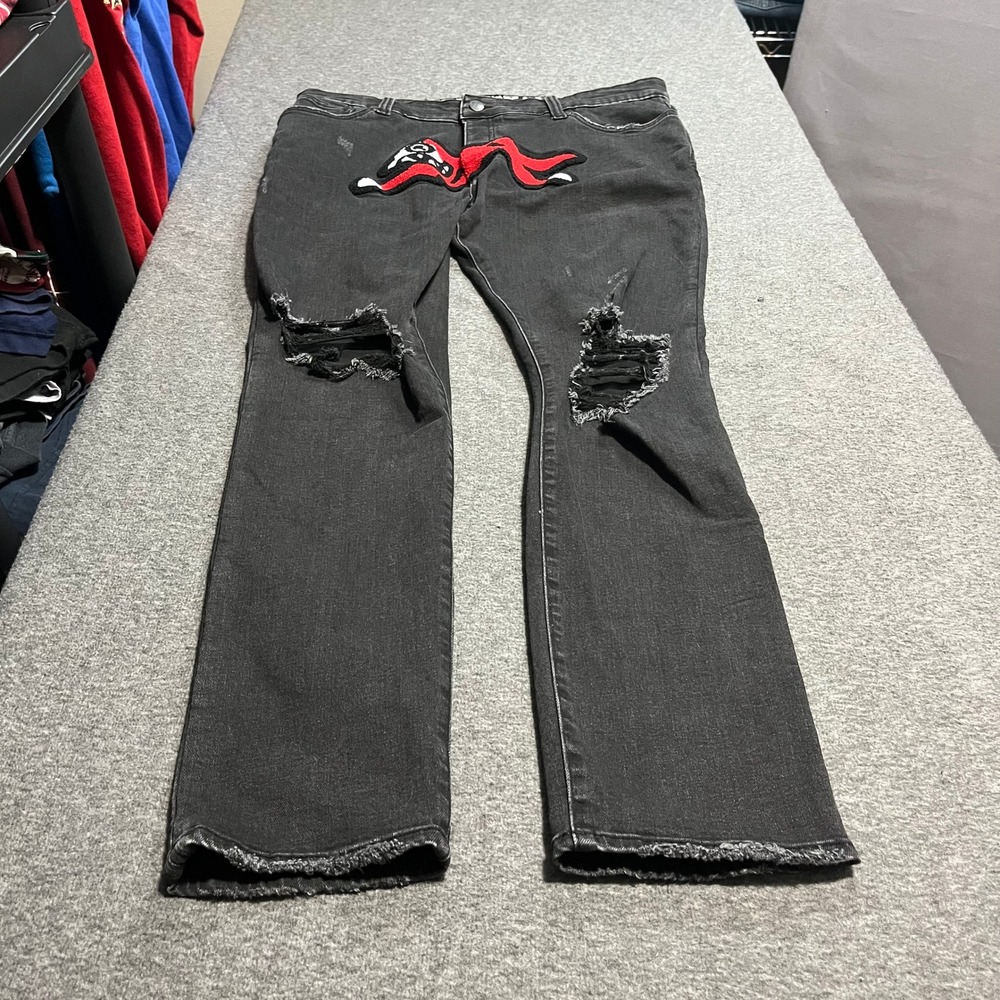 Icecream Running Dog Chenille Patch Distressed Black Denim Jeans Mens 36x32